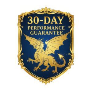Matronius 30-day performance guarantee badge with golden dragon shield and ornate frame money back assurance