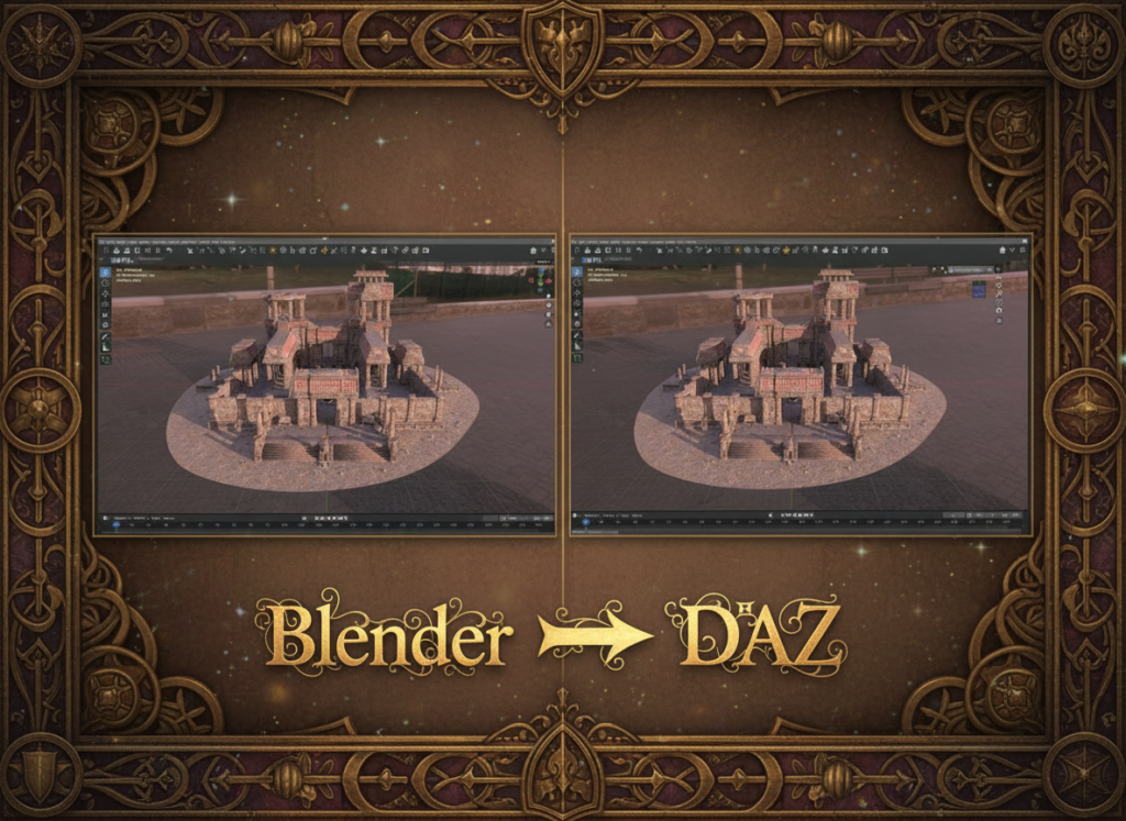 Blender to DAZ Studio plugin showing how to export and convert Blender characters, scenes, and materials to DAZ Studio with one-click bridge, full rig transfer, PBR material support, and automatic texture mapping - help bridging Blender and DAZ 3D workflows