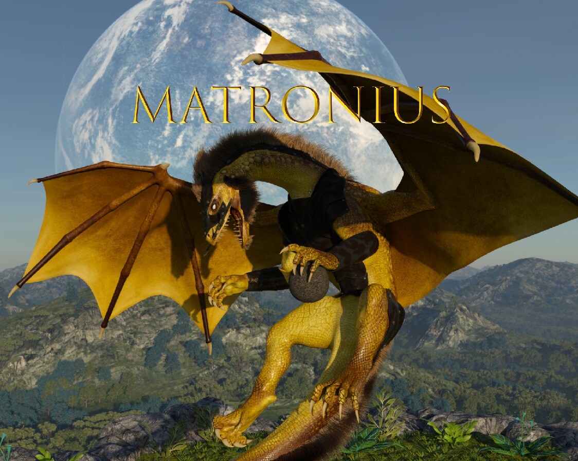 Matronius official logo - golden dragon with yellow wings holding sphere against moonlit sky and mountain landscape