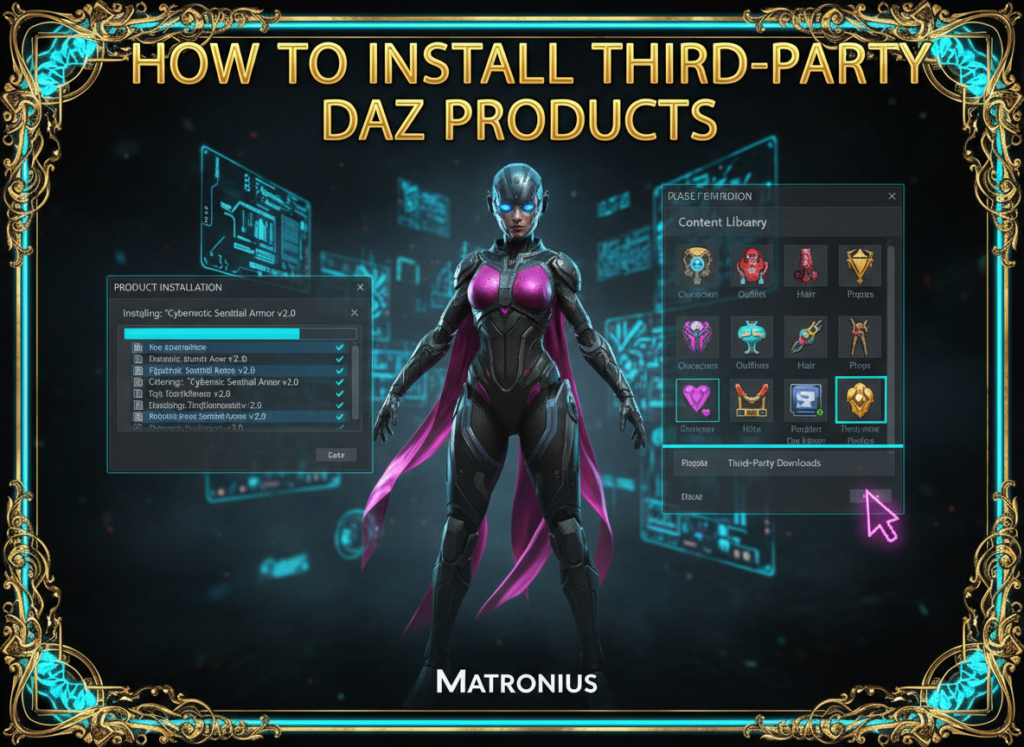 How to install third-party DAZ Studio products from Renderosity and Renderhub - step-by-step tutorial showing DAZ Studio installation interface with Smart Content integration and organized content library