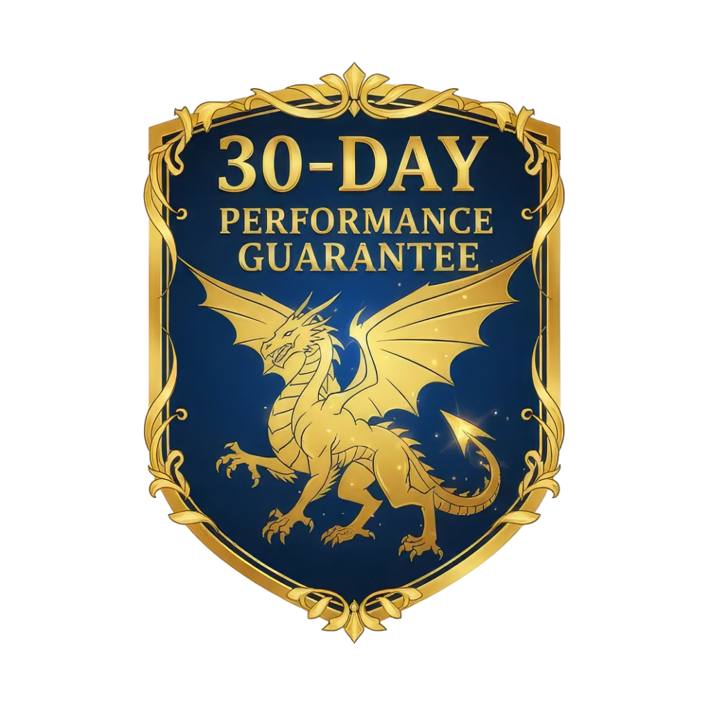 Matronius 30-day performance guarantee badge with golden dragon shield and ornate frame money back assurance