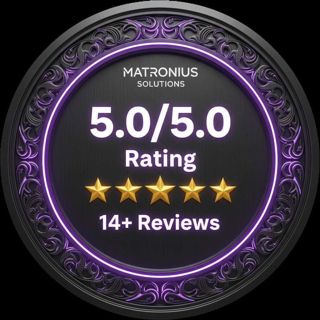 Matronius Solutions 5.0 out of 5.0 star rating badge with 14 plus customer reviews golden stars