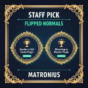 Matronius Staff Pick award badge from Flipped Normals for Blender to DAZ Studio and Photoshop to Blender plugins with trophy icon and gold stars
