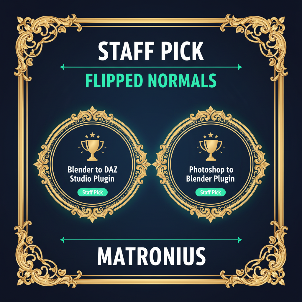 Matronius Staff Pick award badge from Flipped Normals for Blender to DAZ Studio and Photoshop to Blender plugins with trophy icon and gold stars