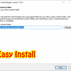 SwitchTargets version 1.2.01 installer wizard window showing the Moho Content Folder path selection screen.