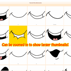 SwitchTargets 1.2.01 panel zoomed in to display large, high-detail mouth shape phoneme thumbnails.