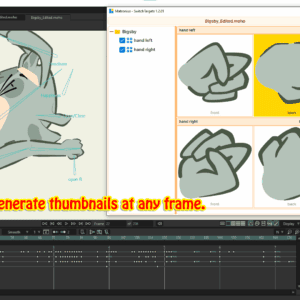 SwitchTargets panel in Moho Pro generating hand pose previews dynamically at a specific timeline frame.