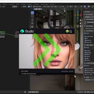 Blender to DAZ Studio plugin panel showing export settings alongside DAZ Studio loading a photorealistic character