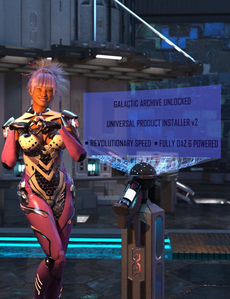 Termékek Újdonságok A Matronius által készített „Universal Product Installer v2” szoftverhez készült sci-fi 3D-s renderelt karakter, aki kezeivel szívjelet formál egy futurisztikus holografikus kivetítő képernyője mellett.