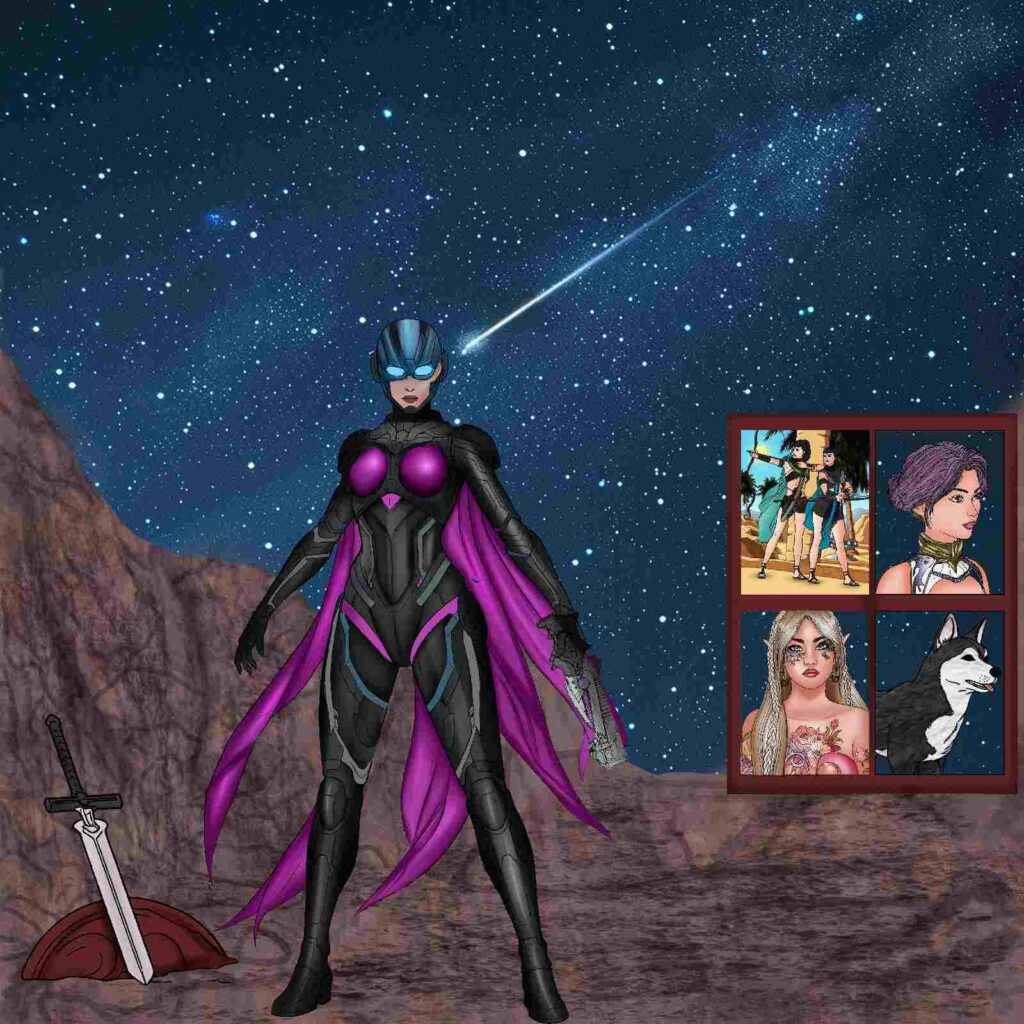 A sci-fi female warrior in black and purple armor with a glowing blue visor standing on a barren reddish planet under a starry night sky with a shooting star, next to a four-panel art inset.