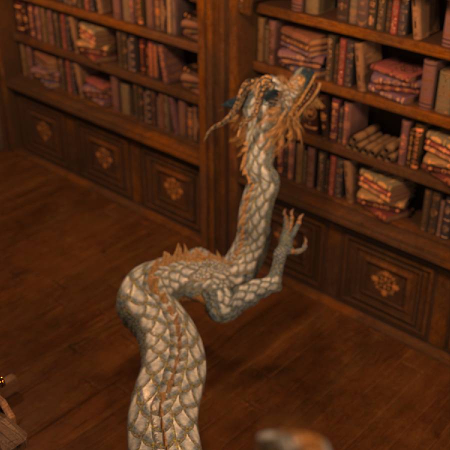 Support A long, serpentine dragon with light scales and a golden mane reaching up toward tall wooden bookshelves filled with books in a warm library setting.